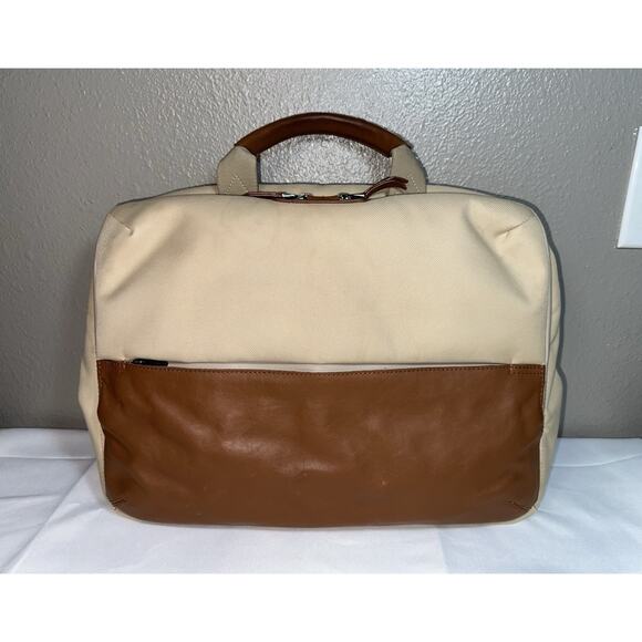 Cole Haan Go-To Work Bag Briefcase Beige Nylon Tan Leather W/ Strap Lightweight